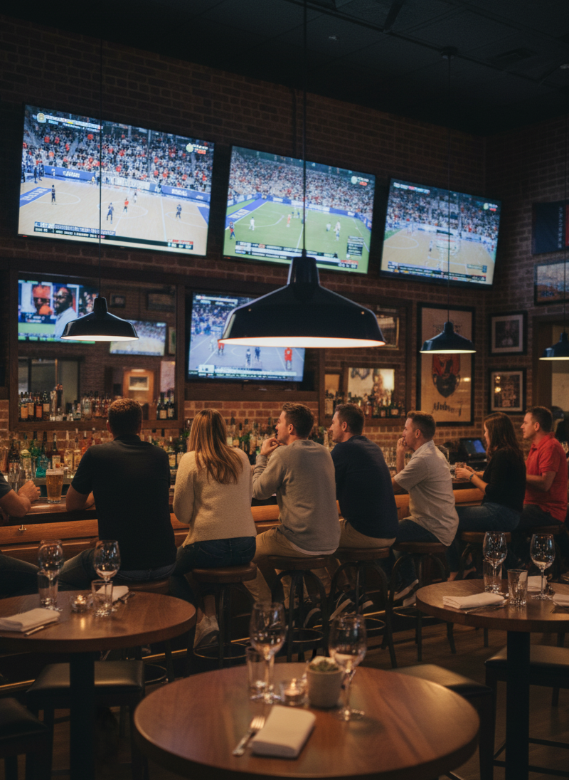 People sitting at a bar with multiple television screens displaying sports games.