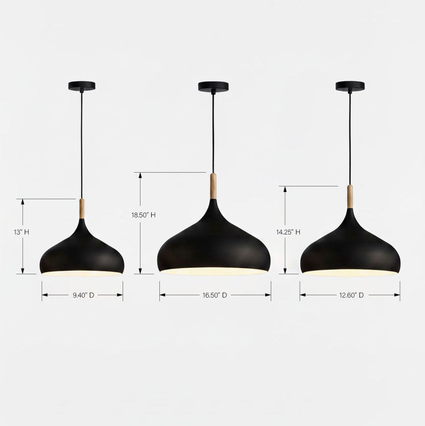 Three black pendant lights with measurements on a white background