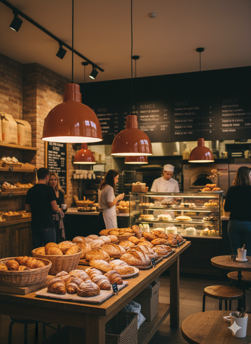 Bakery interior with various bread items displayed on a counter.