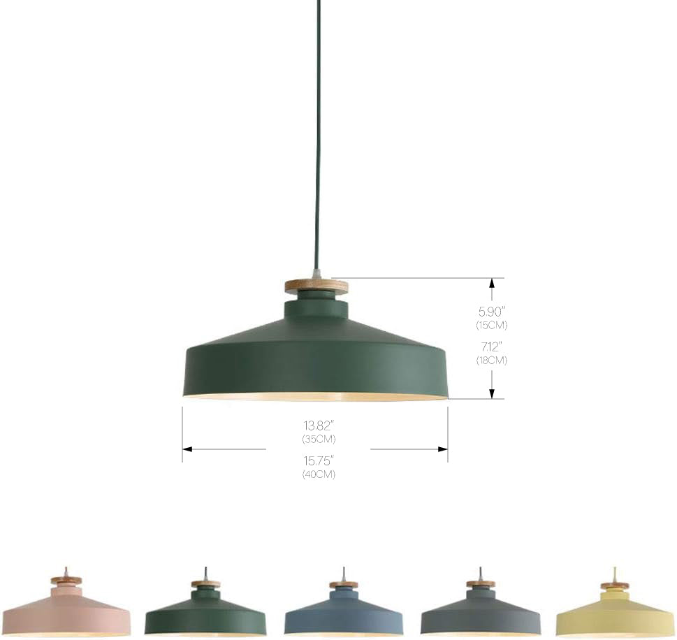 Green pendant light with dimensions on a white background