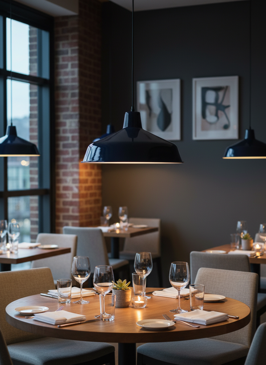 Modern restaurant interior with round dining table, chairs, and pendant lights.