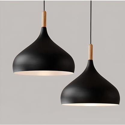 Two black pendant lights with wooden accents on a gray background