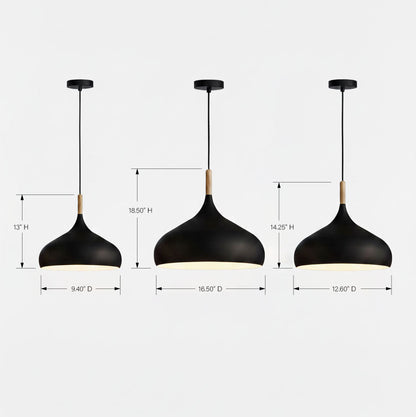 Three black pendant lights with measurements on a white background