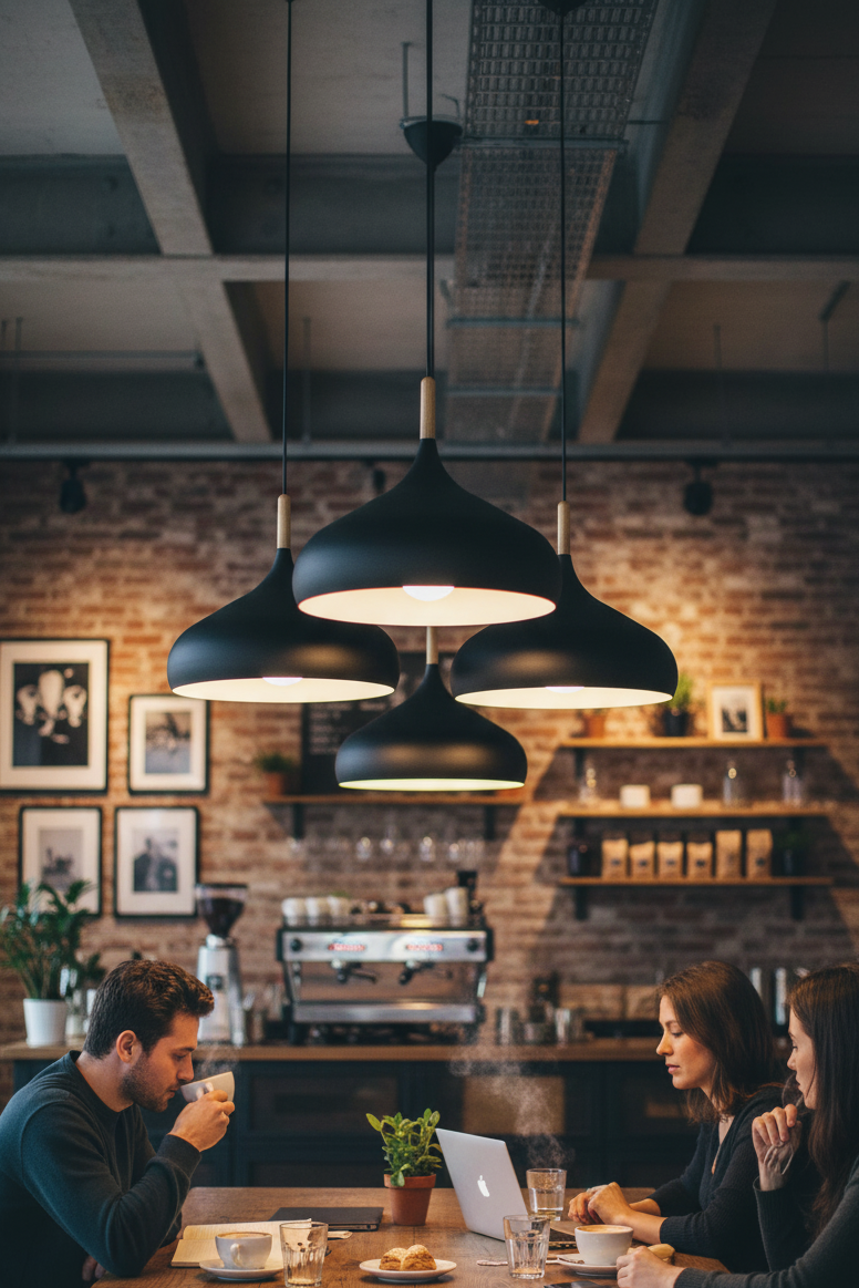 People sitting at a table in a cozy cafe with brick walls and modern decor.