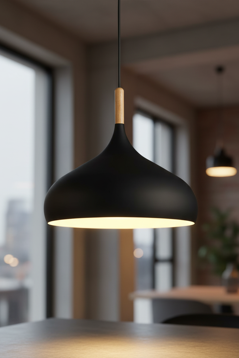 Black pendant light hanging in a modern interior setting with large windows.