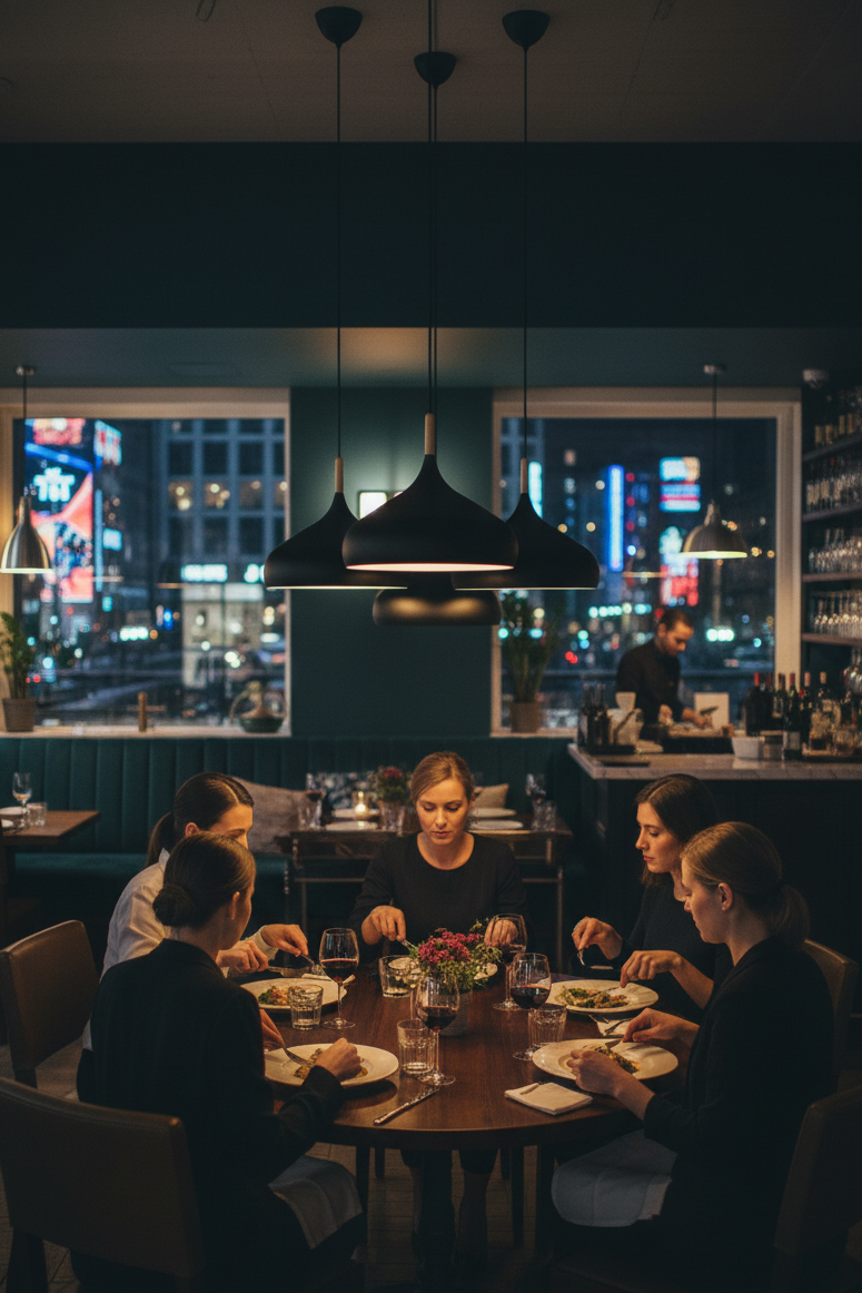Group of people dining at a table in a restaurant with cityscape view