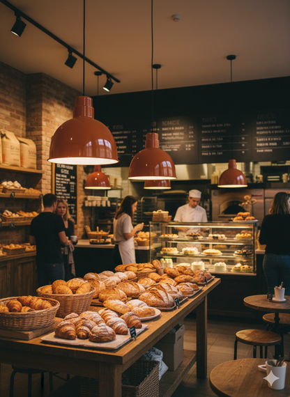 Bakery interior with various bread items displayed on a counter.