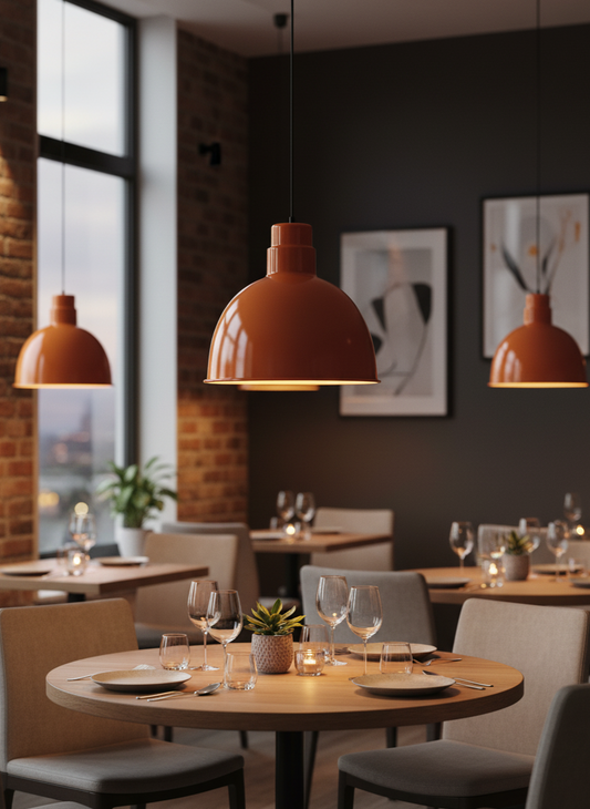 Modern restaurant interior with orange pendant lights, tables, chairs, and decor.