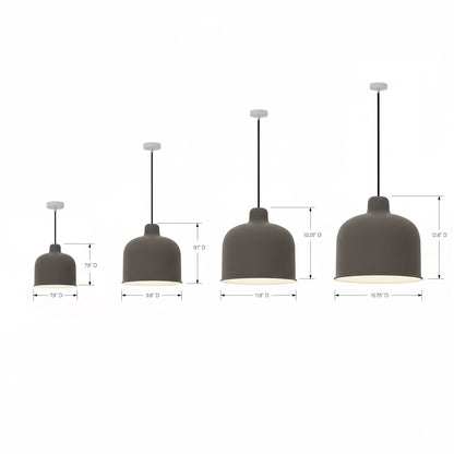 Set of four gray pendant lights with measurements on a white background
