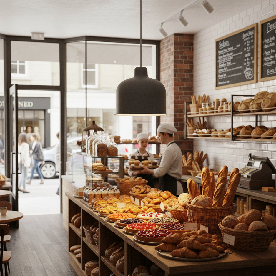 Bakery interior with various bread and pastries displayed on a counter.