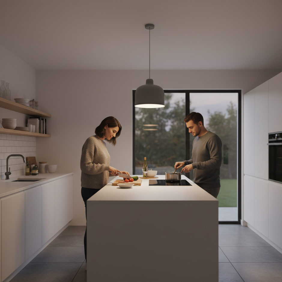 Modern kitchen with a couple preparing food at a island.