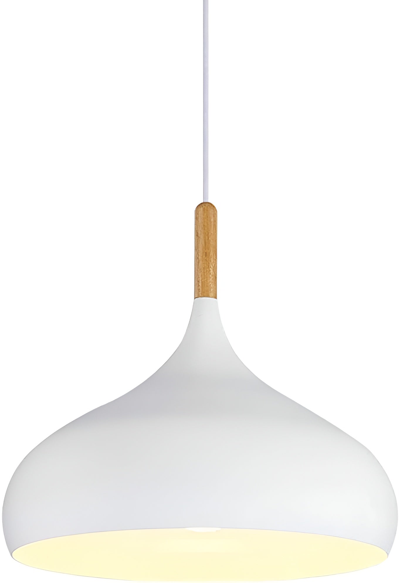 White pendant light with wooden accent on a white background
