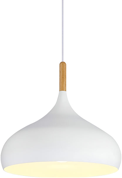 White pendant light with wooden accent on a white background